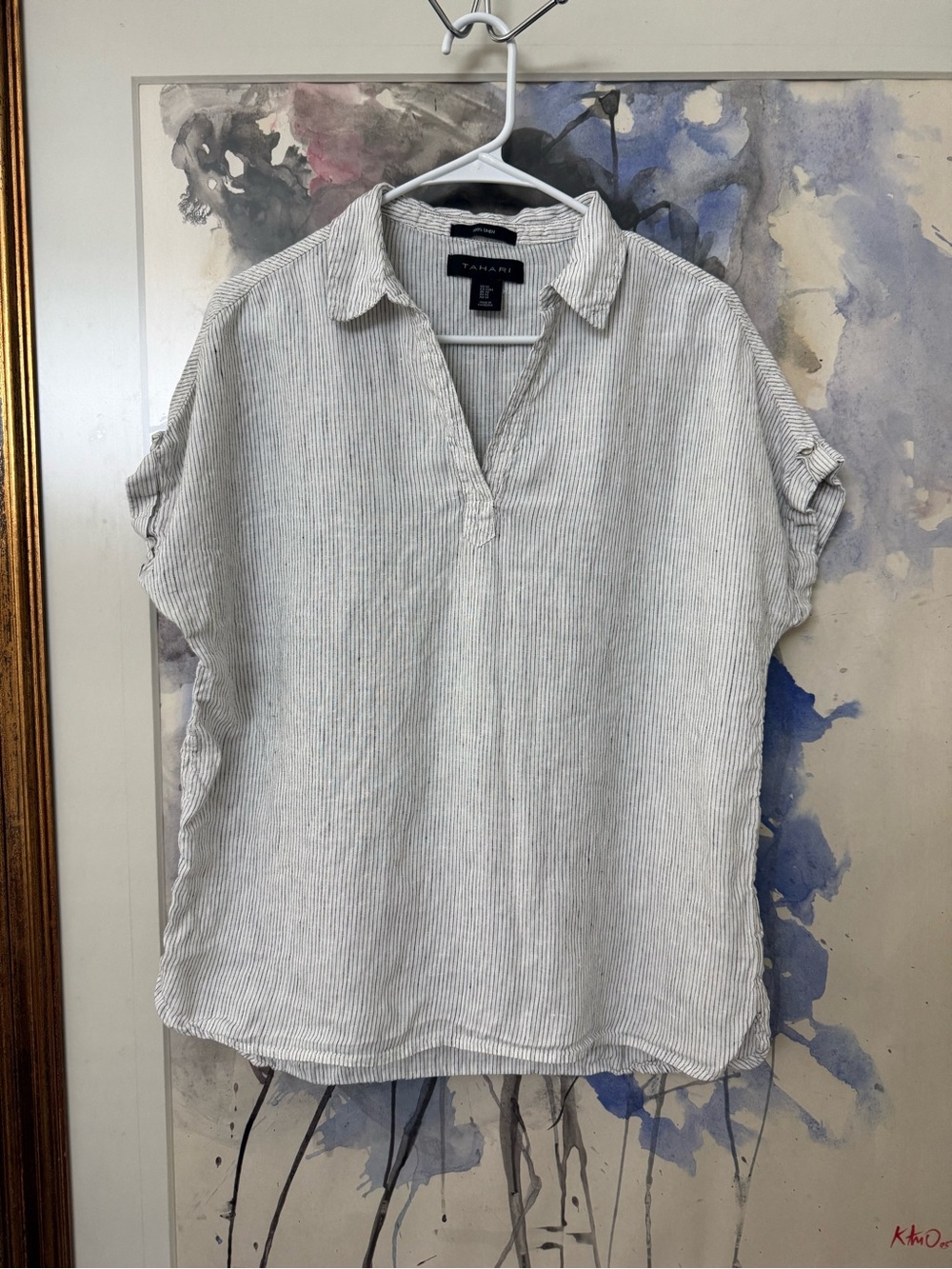 Tahari Light Gray and Black Pinstripe Linen-Blend Split V Neck Tunic
